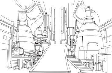 Factory, technical room, futurism, industry, equipment, mechanisms. Hand drawn vector illustration