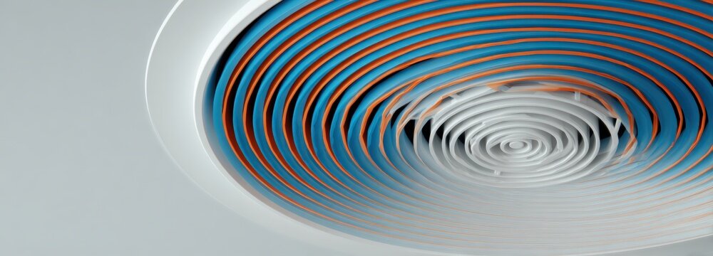 Close-up view of a contemporary rotating ceiling diffuser with vibrant patterns