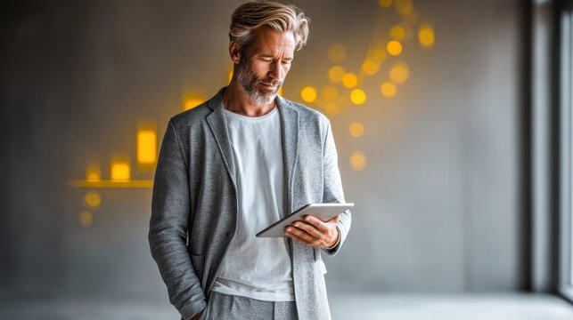 Mature businessman attentively reviews data on a tablet in a modern office environment.
