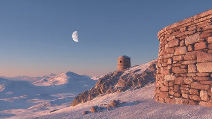 Snowy landscape with stone structures under a crescent moon