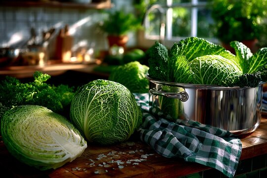 Preparaci&oacute;n de frikl casero en olla met&aacute;lica con col rizada fresca en un entorno acogedor