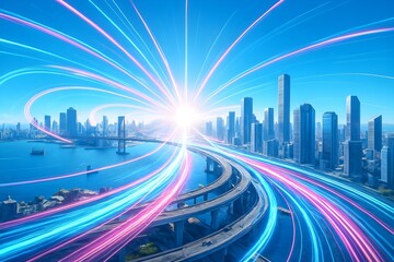 A vibrant and dynamic image of a futuristic cityscape with a busy highway interchange, where a central burst of light radiates outward