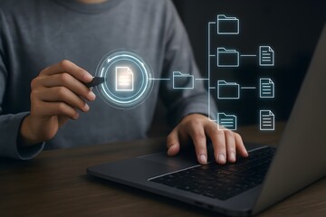 user interacts with a glowing, interconnected visual of folders and documents, highlighting themes of information retrieval, document search, and organized data storage on a computer or cloud platform
