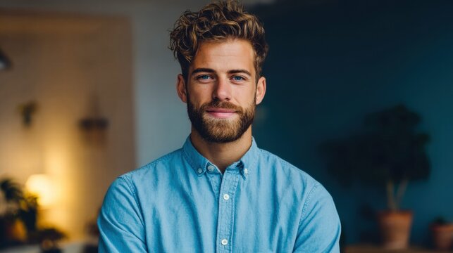 Portrait of a handsome man with a beard, blue eyes and a friendly smile.