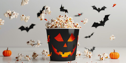 Halloween-themed popcorn bucket with bats and pumpkins
