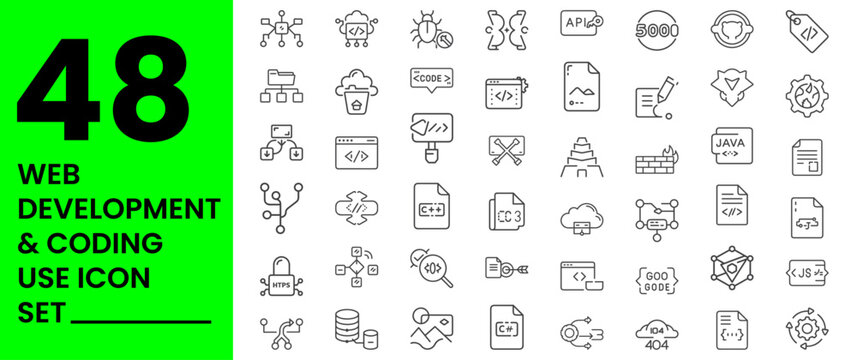 Web Development and Coding icon set, HTML5 File, CSS3 File, JavaScript File, React, Vue.js, Angular, Node.js, Python Script, PHP File, Java Code, C++ File, C# Code, Ruby File, Swift Code, Kotlin File,