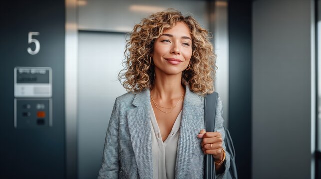 A stylish businesswoman exits an elevator, ready for the day ahead in a modern office building.