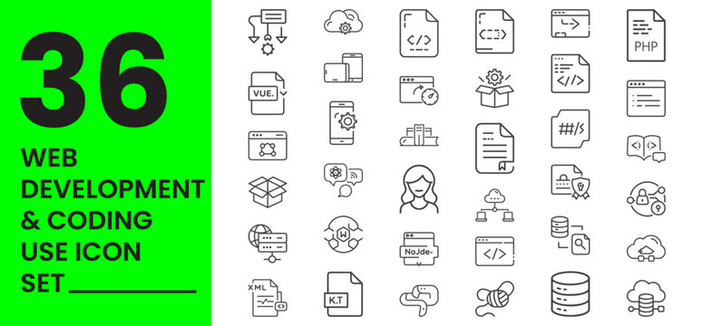 Web Development and Coding icon set, HTML5 File, CSS3 File, JavaScript File, React, Vue.js, Angular, Node.js, Python Script, PHP File, Java Code, C++ File, C# Code, Ruby File, Swift Code, Kotlin File,