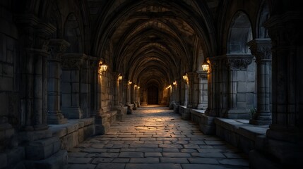 Ancient gothic stone corridor illuminated by warm lantern light in historic architecture.