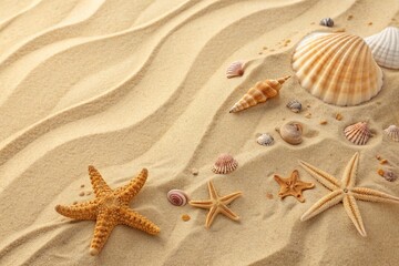 Obraz na płótnie Canvas Top view of a sandy beach texture with imprints of exotic seashells