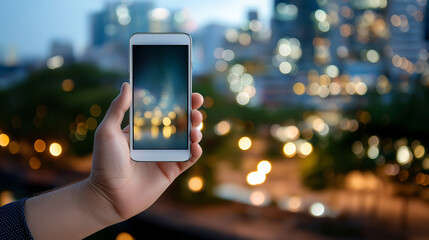 Smartphone in hand over illuminated city skyline at night