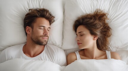 A serene overhead view captures a sleeping couple in a peaceful embrace on white bedding.