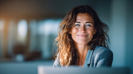 Happy woman with a charming smile and radiant blue eyes in a business setting.