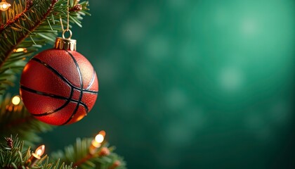 Christmas tree ornament designed like a basketball hangs on a green fir branch. A unique mix of holiday charm and sports spirit, with space for text. Christmas basketball 