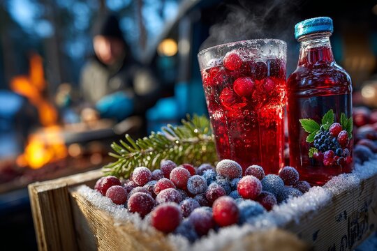 Mercado agr&iacute;cola estonio en una fr&iacute;a ma&ntilde;ana con bebidas de frutos rojos y&aacute;reas repletas de productos frescos