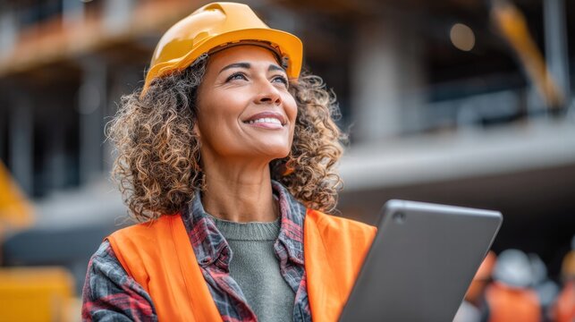 A female construction worker smiles while holding a tablet on a construction site