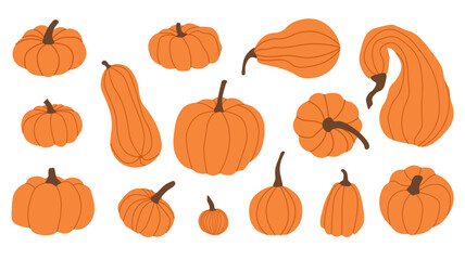 Set featuring vibrant orange pumpkins, perfect for autumn and Halloween themes.This collection includes various pumpkin designs,  seasonal harvest elements with a minimalist style