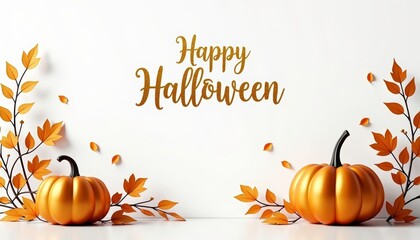 Minimalist white background with elegant golden Halloween pumpkins and subtle maple leaves. "Happy Halloween" in modern gold font at the top. Stylish and sophisticated design.


