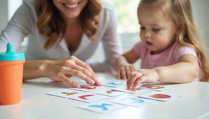 Mother and child playing with colorful alphabet cards at home  