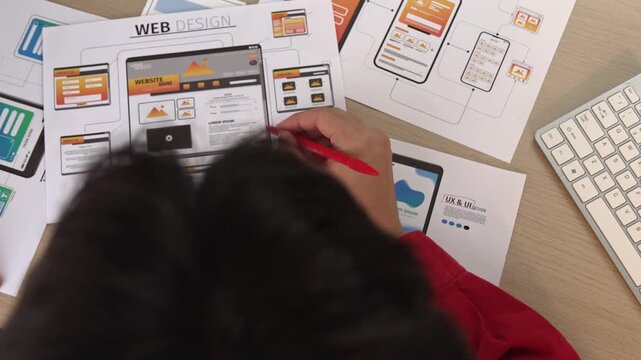 Top view panorama video of startup company employee planning on user interface prototype for mobile application or website in office. UX UI designer brainstorm user friendly interface plan. Synergic