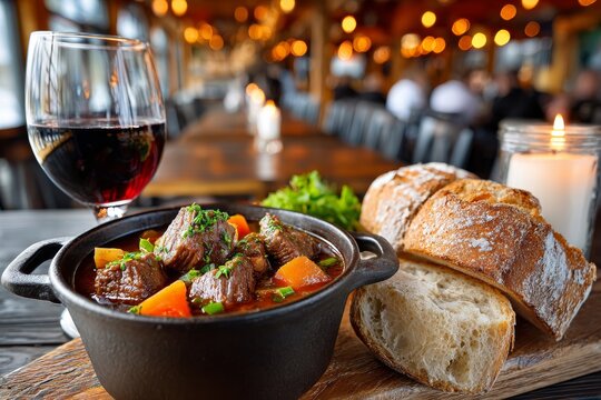 Estofado de carne de res y venado con setas porcini en un ambiente acogedor y elegante