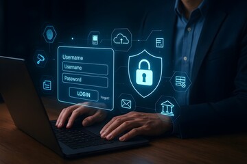 a login form and a large, central security shield with a padlock, all surrounded by a network of interconnected icons representing various aspects of cybersecurity, such as biometrics, cloud storage, 