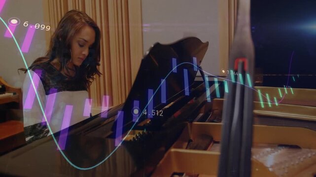 Pianist placing hand on piano and playing melody visualizing finance via candlesticks  and  line gra