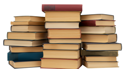 Books PNG, A collection of stacked books arranged in vertical columns, showcasing a variety of colors and sizes.