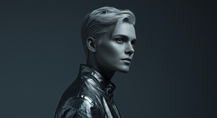 Dramatic Portrait: Androgynous Figure in Leather Jacket, Moody Lighting.