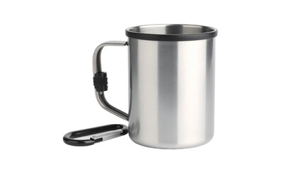 Stainless steel camping mug with carabiner on transparent background