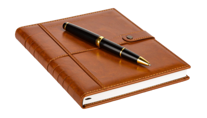 Elegant pen resting on leather notebook with transparent background