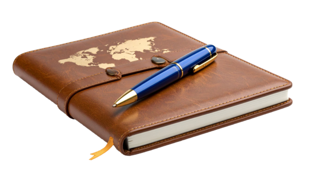 Leather notebook with golden world map and blue pen on transparent background