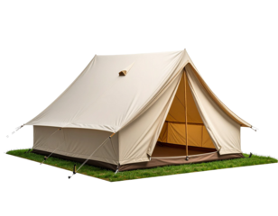Camping tent pitched on grass with transparent background