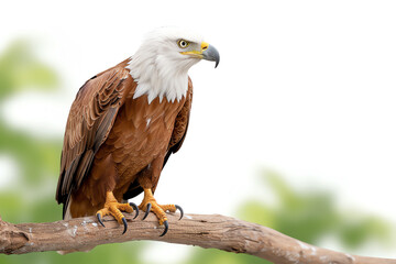 Fototapeta premium A majestic eagle perched on a branch, showcasing its striking feathers and keen gaze against a blurred green background.