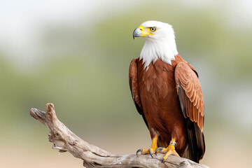 Fototapeta premium A majestic eagle perched on a branch, showcasing its stunning feathers and keen gaze in a natural setting.