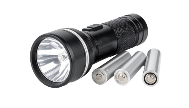 Flashlight with batteries on transparent background