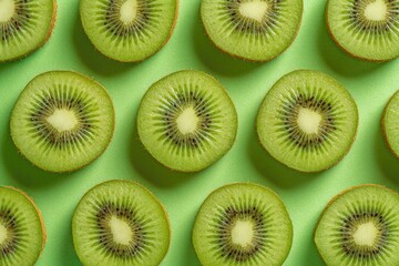 Fototapeta premium A vibrant flat lay featuring numerous perfectly arranged halved kiwi fruit slices on a pastel green background, creating a visually appealing and repetitive pattern