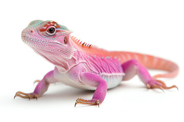 Obraz premium A vibrant pink lizard poses gracefully against a white background, showcasing its unique colors and intricate patterns.