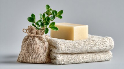 Spa-themed still life with soap, towels, and greenery