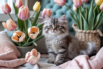 Adorable Persian Kitten Among Pastel Tulips in a Cozy Summer Retreat