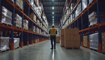 Fototapeta premium Worker in Safety Gear Standing Between Aisles of Shelves in a Large Warehouse Environment