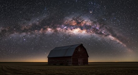 静寂な夜空 赤い納屋に輝く天の川 満天の星. AI Generated