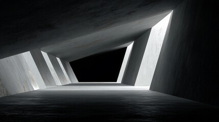 Stark concrete hall, angled walls with light pouring through geometric openings