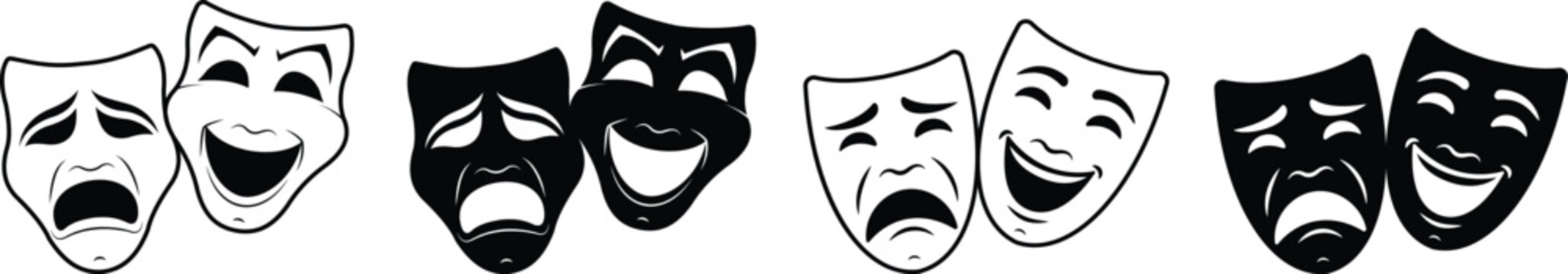 Theatrical mask icon set. Comedy and tragedy masks for holiday festival, theater and masquerade, isolated on transparent background. Drama and comedy theater mask icon design. Vector illustration.