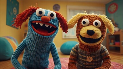Two puppets posing together in a room with a blue puppet and a dog puppet smiling for the camera