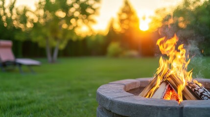 Outdoor fire pit with burning flames at sunset in green backyard