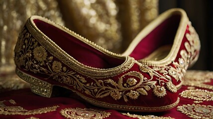 Close up of a pair of ornate red and gold shoes with intricate embroidery on a matching surface