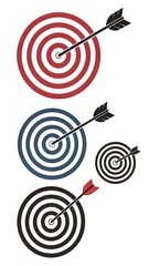 Collection of three archery targets with arrows hitting the bullseye, isolated on white background