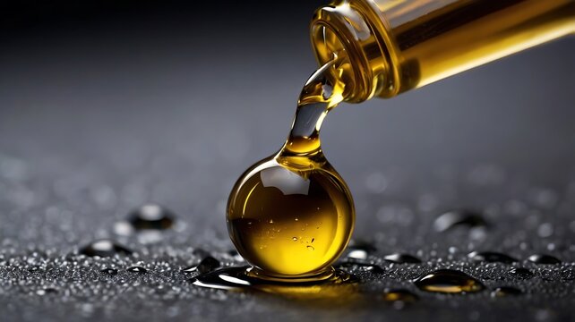 A close up of a golden liquid dripping from a pipette onto a dark textured surface with droplets - Powered by Adobe