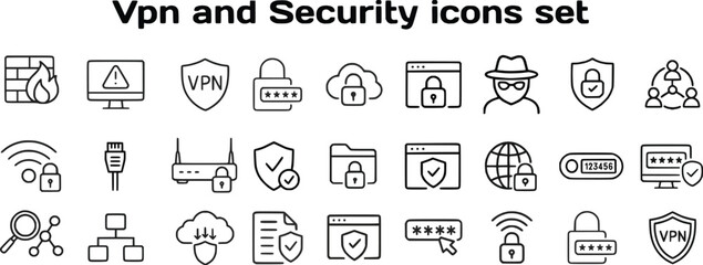 Collection of icons representing VPN and security concepts such as firewall, shield, lock, cloud, hacker, password, network connection, data protection, Concept of cybersecurity, internet safety 